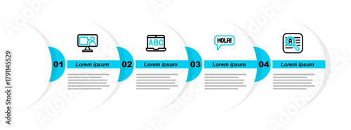 Set line Translator, Hola in different languages, Foreign online study and icon. Vector