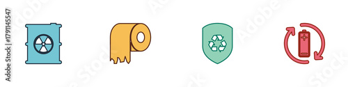 Set Radioactive waste in barrel, Toilet paper roll, Recycle inside shield and Battery with recycle icon. Vector