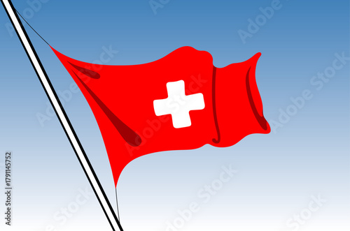 Swiss flag waving on a sky blue background