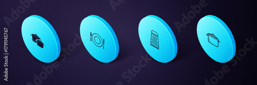 Set Isometric Cooking pot, Grater, Plate, fork and knife and icon. Vector