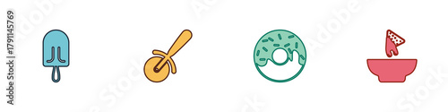 Set Ice cream, Pizza knife, Donut and Nachos in plate icon. Vector