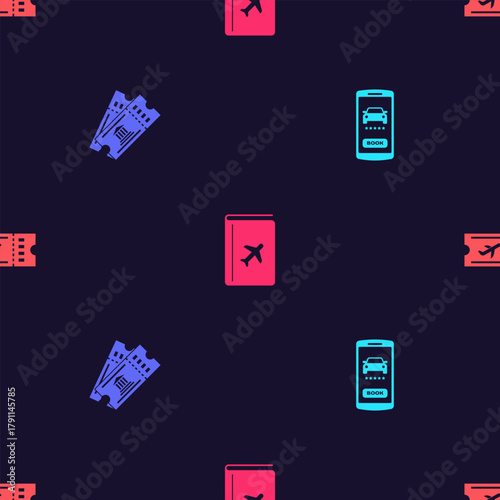 Set Online car sharing, Museum ticket, Cover book travel guide and Airline on seamless pattern. Vector