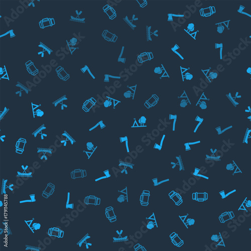 Set Thermos container, Wooden axe, Tourist tent with flag and Rafting boat on seamless pattern. Vector