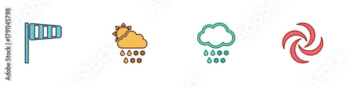 Set Cone windsock wind vane, Cloud with snow, rain, sun, and and Tornado icon. Vector