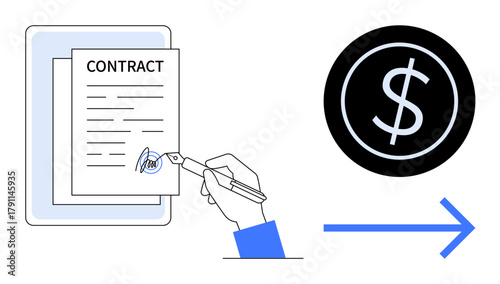Hand signing contract with pen, document, and dollar symbol connected by arrow. Ideal for business deals, agreements, finance, investment, legal transactions partnerships. Clean flat metaphor