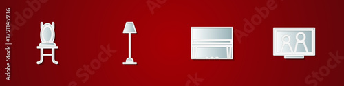Set Chair, Floor lamp, Grand piano and Picture frame on table icon. Vector