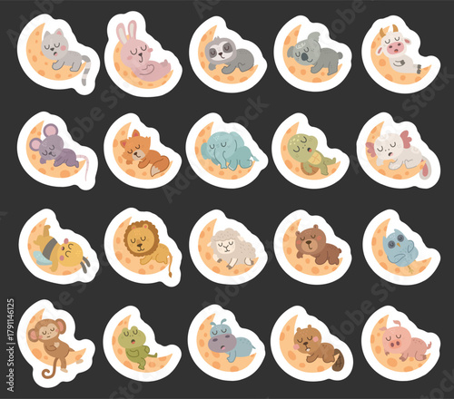 Sleeping animal character set in scandinavian style showing adorable creatures resting on crescent moons during calm night moments and peaceful dreamy bedtime scenes