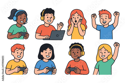 Diverse group of excited children playing video games with controllers and headsets