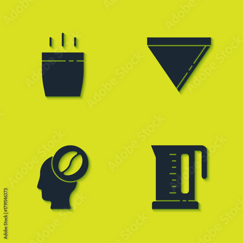 Set Coffee cup, Electric kettle, Barista and paper filter icon. Vector