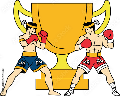 Illustration of Two male thai boxers are boxing in front of a trophy