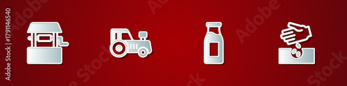 Set Well, Tractor, Bottle with milk and Seeds icon. Vector