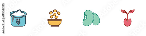 Set Bag of flour, Seeds in bowl, Beans and Sprout icon. Vector