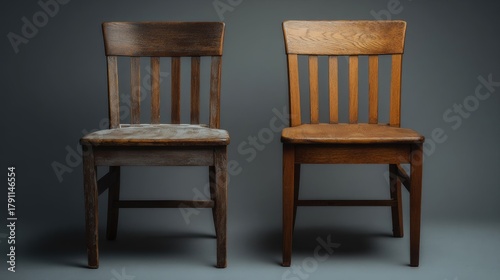 Old and restored wooden chairs side by side showing furniture restoration