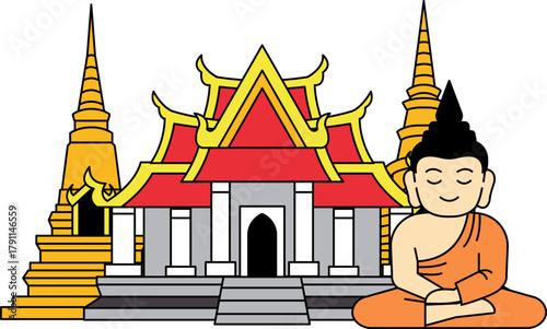 Illustration of a Buddhist monk is sitting in front of temple