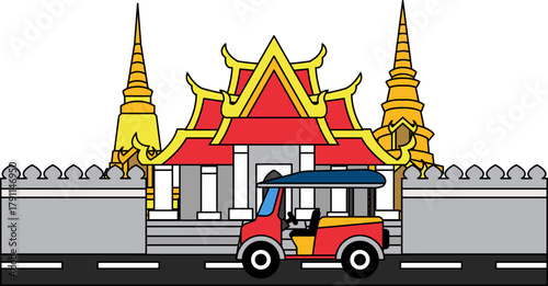 Illustration of a tuk tuk is in front of the thai temple