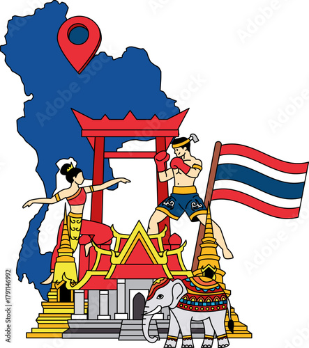 Thai temple Thai boxing Thai dancers and thai flag are together