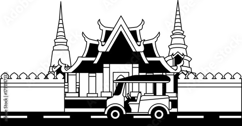 black and white Illustration of a tuk tuk is in front of the thai temple