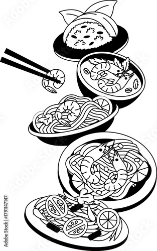 black and white Illustration of a thai food padthai papaya salad tom yum kung and mango sticky rice