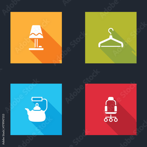 Set Table lamp, Hanger wardrobe, Kettle with handle and Office chair icon. Vector
