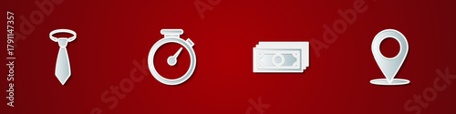 Set Tie, Stopwatch, Stacks paper money cash and Map pin icon. Vector