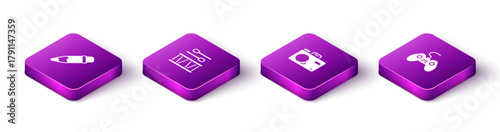 Set Isometric Pencil with eraser, Drum drum sticks, Photo camera and Gamepad icon. Vector