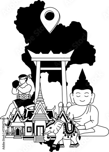 black and white Thai temple, Thai boxing, Buddha statues are placed together