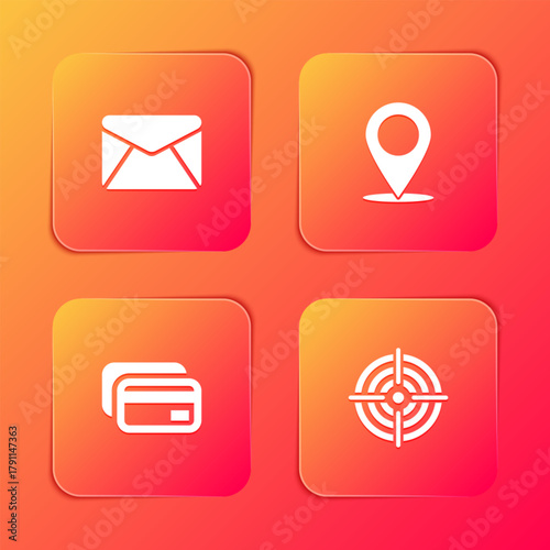 Set Envelope, Map pin, Credit card and Target sport icon. Vector