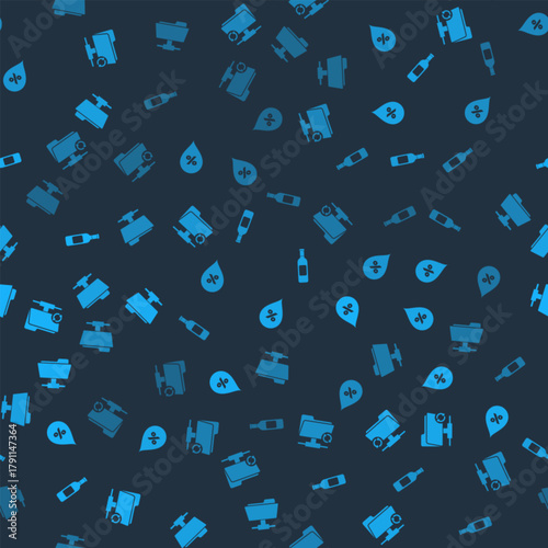 Set FTP sync refresh, Water drop percentage, Bottle of wine and folder on seamless pattern. Vector