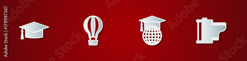 Set Graduation cap, Hot air balloon, globe and Camera film roll cartridge icon. Vector