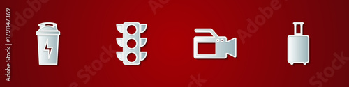 Set Fitness shaker, Traffic light, Cinema camera and Travel suitcase icon. Vector