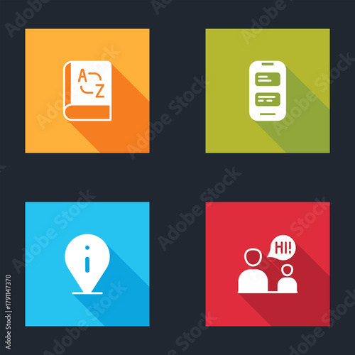 Set Translator book, Online translator, Information and Two sitting men talking icon. Vector