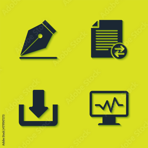 Set Fountain pen nib, Monitor with cardiogram, Download and Transfer files icon. Vector