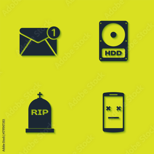 Set New, email incoming message, Dead mobile, Tombstone with RIP written and Hard disk drive HDD icon. Vector