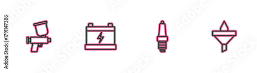Set line Paint spray gun, Car spark plug, battery and Funnel and oil drop icon. Vector