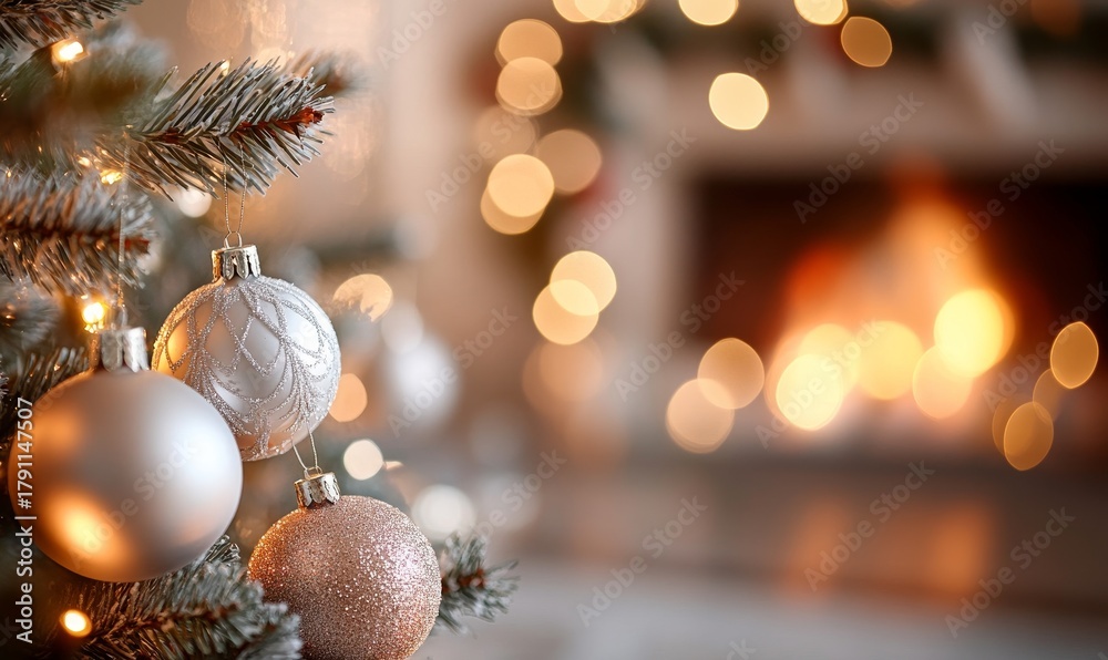 Naklejka premium decorated Christmas tree in a cozy room near the fireplace,