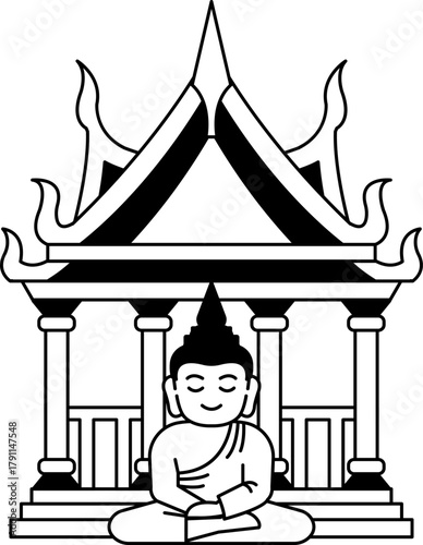black and white Illustration of a big Buddhist monk in front of the temple pavilion
