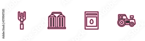 Set line Garden rake, Pack full of seeds of plant, Granary and Tractor icon. Vector