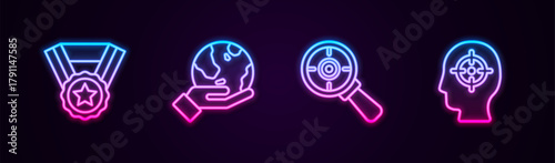 Set line Medal, Hand holding Earth globe, Target with magnifying glass and Head hunting. Glowing neon icon. Vector