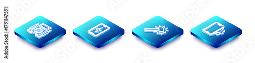 Set Isometric line Multimeter, Mobile charging battery, Hammer and Phone repair service icon. Vector
