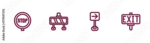 Set line Stop sign, Traffic turn right, Road barrier and Fire exit icon. Vector