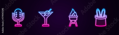Set line Microphone, Martini glass, Barbecue grill and Magician hat and rabbit ears. Glowing neon icon. Vector