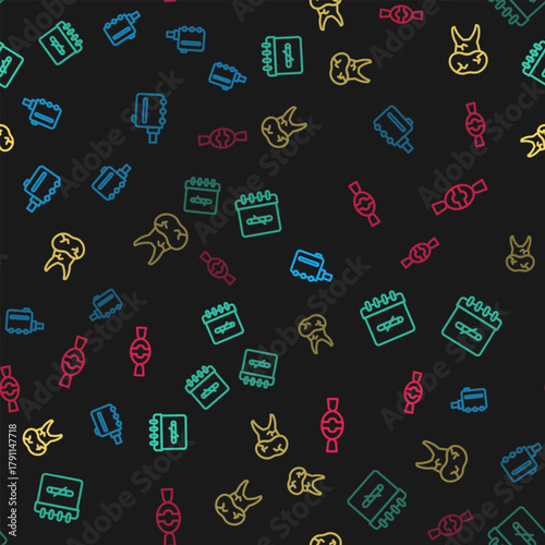 Set line Electronic cigarette, No smoking days, Tooth with caries and Candy on seamless pattern. Vector