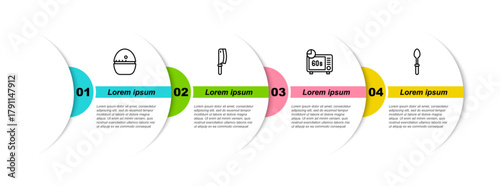 Set line Kitchen timer, Meat chopper, Microwave oven and Teaspoon. Business infographic template. Vector