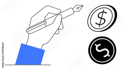 Hand writing with fountain pen next to dollar icons, emphasizing finances, agreements, wealth, and investments. Ideal for business, accounting, creativity, entrepreneurship education wealth