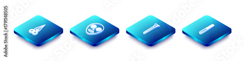 Set Isometric line Scissors, Facial cosmetic mask, Makeup brush and Nail file icon. Vector