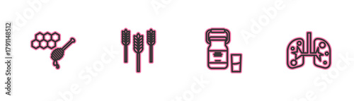 Set line Honeycomb with honey dipper, Can container for milk, Wheat and Lungs icon. Vector