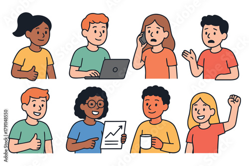 Diverse group of people in casual attire engaged in various activities