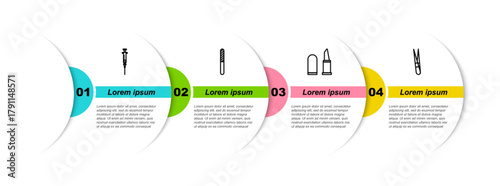 Set line Syringe, Nail file, Lipstick and Eyebrow tweezers. Business infographic template. Vector