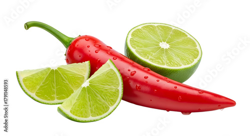 Fresh Red Chili Pepper and Lime Slice with Water Drops Isolated on White Background
