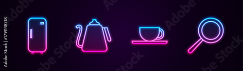 Set line Refrigerator, Kettle with handle, Coffee cup and Frying pan. Glowing neon icon. Vector